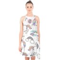 Cute Unicorns With Magical Elements Vector Halter Collar Waist Tie Chiffon Dress View1
