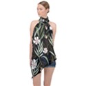 Trending Abstract Seamless Pattern With Colorful Tropical Leaves Plants Black Background Halter Asymmetric Satin Top View1