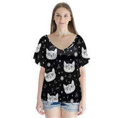 Gothic Cat V-neck Flutter Sleeve Top by Valentinaart