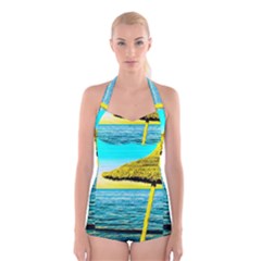 Pop Art Beach Umbrella  Boyleg Halter Swimsuit  by essentialimage