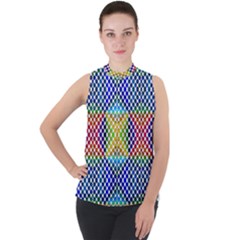 Colorful Circle Abstract White  Blue Yellow Red Mock Neck Chiffon Sleeveless Top by BrightVibesDesign