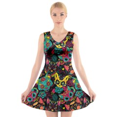 Funny Sugar Skull Cat V-neck Sleeveless Dress by trulycreative