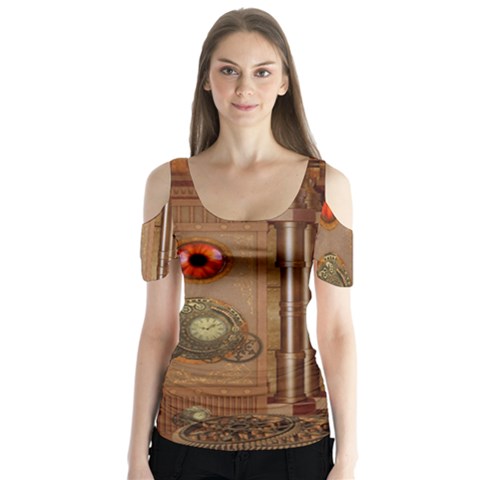 Steampunk Design Butterfly Sleeve Cutout Tee  by FantasyWorld7