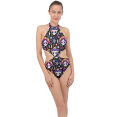 Dia De Los Muertos Halter Side Cut Swimsuit by Sobalvarro