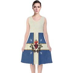 Quebec Flag Drapeau Québec Patriote Carillon Sacré-coeur Christian Catholic Old Vintage With Fleurs De Lys V-neck Midi Sleeveless Dress  by Quebec