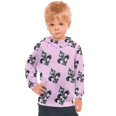 French France Fleur De Lys Metal Pattern Black And White Antique Vintage Pink And Black Rocker Kids  Hooded Pullover by Quebec