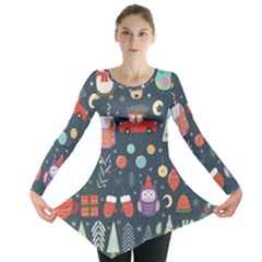 Vector Set Cute Christmas Elements Santa Penguin Deer Bear Fox Owl Trees Snowman Bird Angel More Long Sleeve Tunic  by Vaneshart