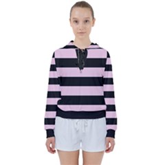 Black And Light Pastel Pink Large Stripes Goth Mime French Style Women s Tie Up Sweat by genx