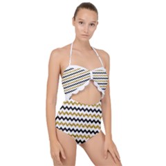 Black And Gold Glitters Zigzag Retro Pattern Golden Metallic Texture Scallop Top Cut Out Swimsuit by genx