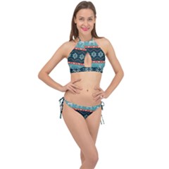 Beautiful Knitted Christmas Pattern Cross Front Halter Bikini Set