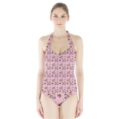 Robin Art Pink Pattern Halter Swimsuit