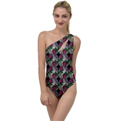 Doily Rose Pattern Black To One Side Swimsuit by snowwhitegirl