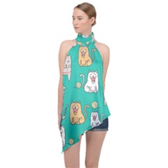 Seamless Pattern Cute Cat Cartoon With Hand Drawn Style Halter Asymmetric Satin Top by Vaneshart