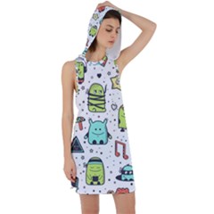 Seamless Pattern With Funny Monsters Cartoon Hand Drawn Characters Colorful Unusual Creatures Racer Back Hoodie Dress by Nexatart