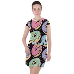 Colorful Donut Seamless Pattern On Black Vector Drawstring Hooded Dress by Sobalvarro