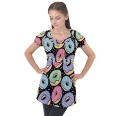 Colorful Donut Seamless Pattern On Black Vector Puff Sleeve Tunic Top by Sobalvarro