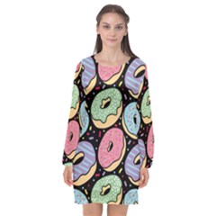 Colorful Donut Seamless Pattern On Black Vector Long Sleeve Chiffon Shift Dress  by Sobalvarro