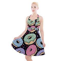 Colorful Donut Seamless Pattern On Black Vector Halter Party Swing Dress  by Sobalvarro