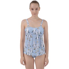 Cute Seagulls Seamless Pattern Light Blue Background Twist Front Tankini Set