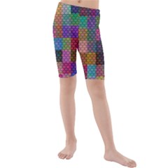 Random Colors Hexagon Kids  Mid Length Swim Shorts