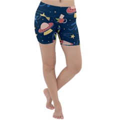 Seamless Pattern With Funny Aliens Cat Galaxy Lightweight Velour Yoga Shorts by Vaneshart