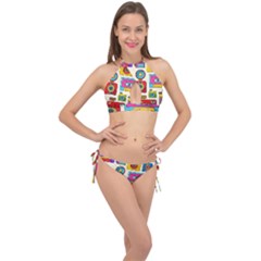Retro Cameras Audio Cassettes Hand Drawn Pop Art Style Seamless Pattern Cross Front Halter Bikini Set