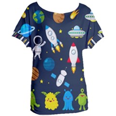 Big Set Cute Astronauts Space Planets Stars Aliens Rockets Ufo Constellations Satellite Moon Rover V Women s Oversized Tee by Vaneshart