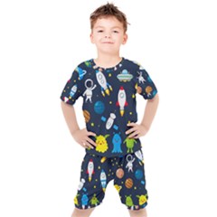 Big Set Cute Astronauts Space Planets Stars Aliens Rockets Ufo Constellations Satellite Moon Rover V Kids  Tee And Shorts Set by Vaneshart