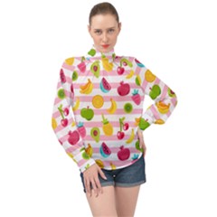 Tropical Fruits Berries Seamless Pattern High Neck Long Sleeve Chiffon Top by Vaneshart