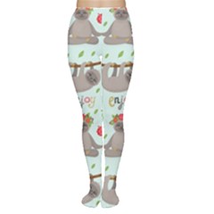 Seamless Pattern With Cute Sloths Relax Enjoy Yoga Tights by Vaneshart