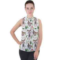 Seamless Pattern With Cute Sloths Mock Neck Chiffon Sleeveless Top