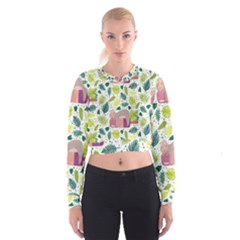 Cute Sloth Sleeping Ice Cream Surrounded By Green Tropical Leaves Cropped Sweatshirt by Vaneshart