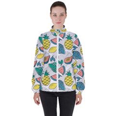 Seamless Pattern Tropical Fruit Banana Watermelon Papaya Lemon Orange Monstera Women s High Neck Windbreaker by Vaneshart