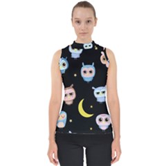 Cute Owl Doodles With Moon Star Seamless Pattern Mock Neck Shell Top