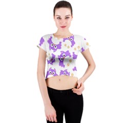 Purple Owl Pattern Background Crew Neck Crop Top by Vaneshart