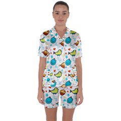 Birds Pattern Design Satin Short Sleeve Pyjamas Set