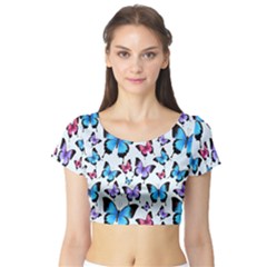 Decorative-festive-trendy-colorful-butterflies-seamless-pattern-vector-illustration Short Sleeve Crop Top by Vaneshart