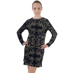 Stylized Golden Ornate Nature Motif Print Long Sleeve Hoodie Dress by dflcprintsclothing