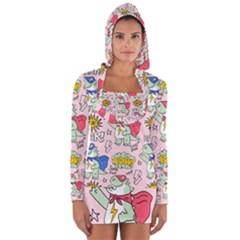 Seamless Pattern With Many Funny Cute Superhero Dinosaurs T Rex Mask Cloak With Comics Style Long Sleeve Hooded T-shirt