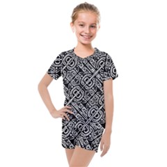 Linear Black And White Ethnic Print Kids  Mesh Tee And Shorts Set
