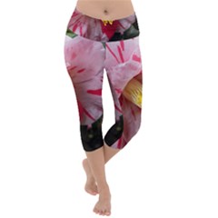 Striped Pink Camellia Ii Lightweight Velour Capri Yoga Leggings by okhismakingart