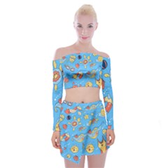 Hand Drawn Seamless Pattern Summer Time Off Shoulder Top With Mini Skirt Set