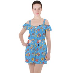 Hand Drawn Seamless Pattern Summer Time Ruffle Cut Out Chiffon Playsuit by BangZart
