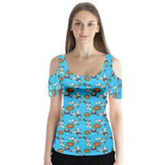 Clown Ghost Pattern Blue Butterfly Sleeve Cutout Tee 