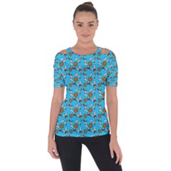 Clown Ghost Pattern Blue Shoulder Cut Out Short Sleeve Top