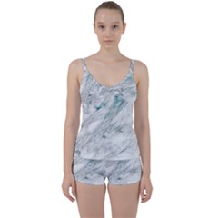 Gray Faux Marble Blue Accent Tie Front Two Piece Tankini by Dushan