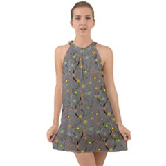 Abstract Flowers And Circle Halter Tie Back Chiffon Dress by DinzDas