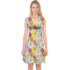 Abstract Flowers And Circle Capsleeve Midi Dress by DinzDas