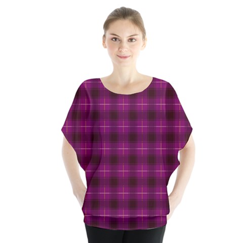 Dark Purple, Violet Tartan, Buffalo Plaid Like Pattern Batwing Chiffon Blouse by Casemiro