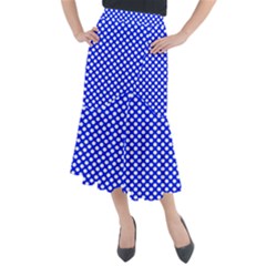 Dark Blue And White Polka Dots Pattern, Retro Pin-up Style Theme, Classic Dotted Theme Midi Mermaid Skirt by Casemiro